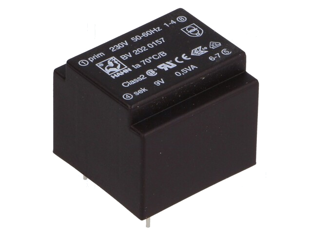 Transformator: ingegoten; 0,5VA; 230VAC; 9V; 55mA; PCB; BV Transformator: ingegoten; 0,5VA; 230VAC; 9V; 55mA; PCB; BV
